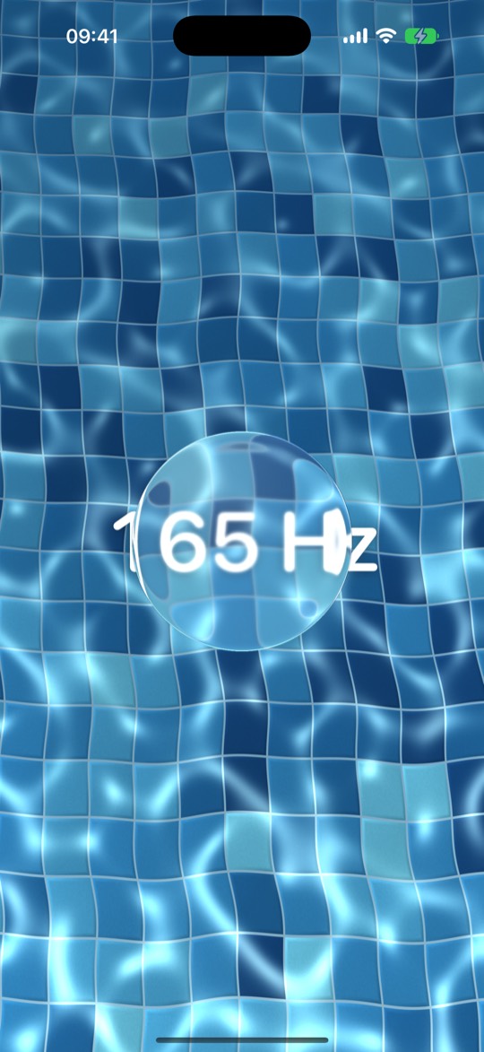 The Water Eject app: a frequency dial reading 165 Hz floating over animated pool water.